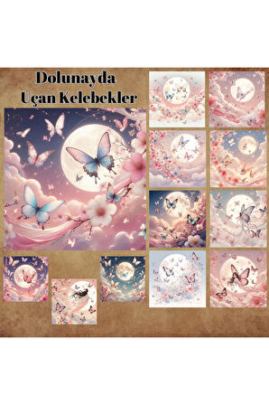 Pembe Dolunayda Uçan Kelebekler Vintage 12 Adet Scrapbook Bullet Journal Mat  Sticker Etiket Seti