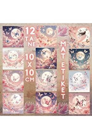 Pembe Dolunayda Uçan Kelebekler Vintage 12 Adet Scrapbook Bullet Journal Mat  Sticker Etiket Seti