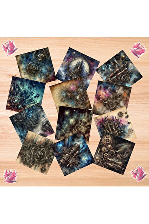 Karanlık (Dark) Steampunk Vintage 12 Adet Scrapbook Bullet Journal Mat Planlama Sticker Etiket Seti