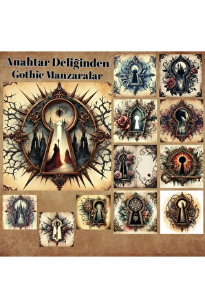 Anahtar Deliğinden Gothic Manzaralar Vintage 12 Adet Scrapbook Bullet Journal Mat Planlayıcı Etiket
