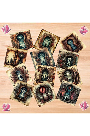 Anahtar Deliğinden Korku Manzaraları Vintage 12 Adet Scrapbook Bullet Journal Mat Planlayıcı Sticker