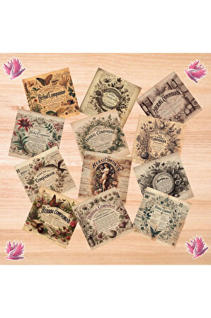 Antik Bitkisel Karışım Tarifleri Vintage 12 Adet Scrapbook Bullet Journal Mat Planlayıcı Sticker