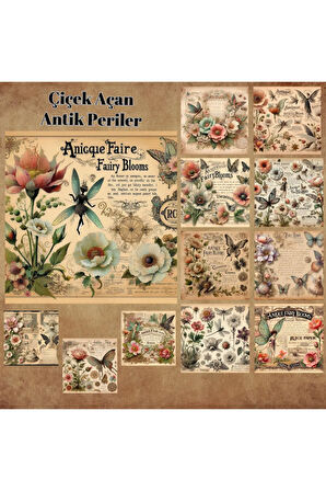 Çiçek Açan Antik Periler Vintage 12 Adet Scrapbook Bullet Journal Mat Planlayıcı Sticker Etiket Seti