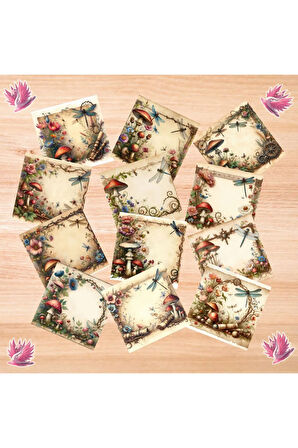 Çiçekler Mantarlar ve Yusufçuklar Vintage 12 Adet Scrapbook Bullet Journal Mat Planlayıcı Sticker