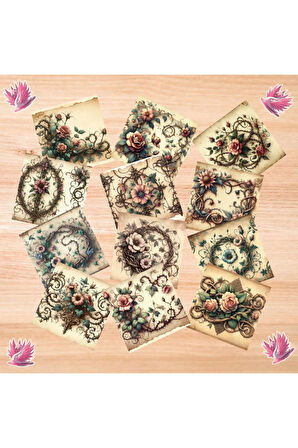 Dikenli Çiçekler ve Sarmaşıklar Vintage 12 Adet Scrapbook Bullet Journal Mat Planlayıcı Sticker