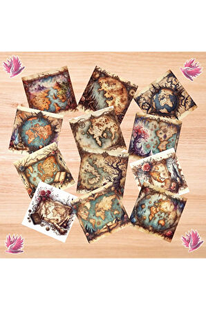 Fantastik Dünya Haritaları Vintage 12 Adet Scrapbook Bullet Journal Mat Planlayıcı Sticker Etiket