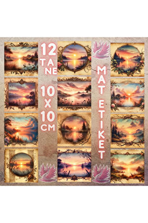 Gölde Gün Batımı Vintage 12 Adet Scrapbook Bullet Journal Mat Planlayıcı Sticker Etiket Seti