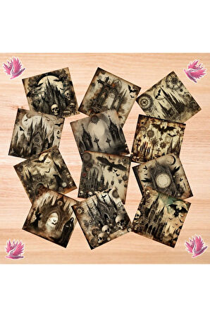 Gothic Temalı Kolaj Vintage 12 Adet Scrapbook Bullet Journal Mat Planlayıcı Sticker Etiket Seti