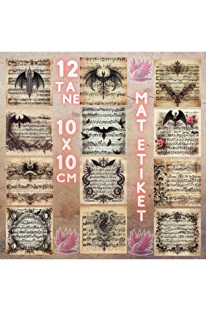 Gothic Temalı Müzik Kağıtları Vintage 12 Adet Scrapbook Bullet Journal Mat Planlayıcı Sticker Etiket
