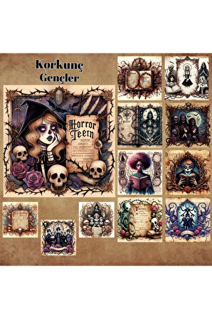 Korkutucu Gençler Vintage 12 Adet Scrapbook Bullet Journal Mat Planlayıcı Sticker Etiket Seti
