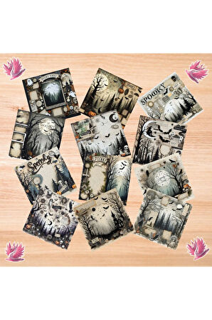 Korkutucu Orman Manzaraları Vintage 12 Adet Scrapbook Bullet Journal Mat Planlayıcı Sticker Etiket