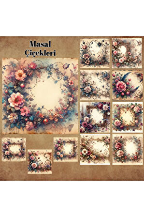 Masal Çiçekleri Vintage 12 Adet Scrapbook Bullet Journal Mat Planlayıcı Sticker Etiket Seti