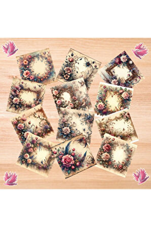 Masal Çiçekleri Vintage 12 Adet Scrapbook Bullet Journal Mat Planlayıcı Sticker Etiket Seti