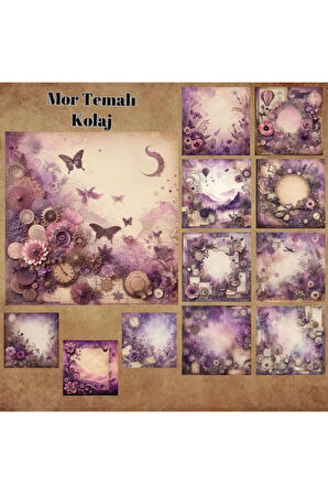 Mor Temalı Kolaj Vintage 12 Adet Scrapbook Bullet Journal Mat Planlayıcı Sticker Etiket Seti