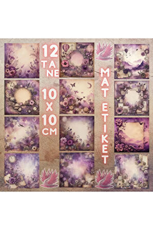 Mor Temalı Kolaj Vintage 12 Adet Scrapbook Bullet Journal Mat Planlayıcı Sticker Etiket Seti