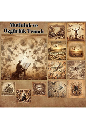 Özgürlük ve Mutluluk Temalı Vintage 12 Adet Scrapbook Bullet Journal Mat Planlayıcı Sticker Etiket