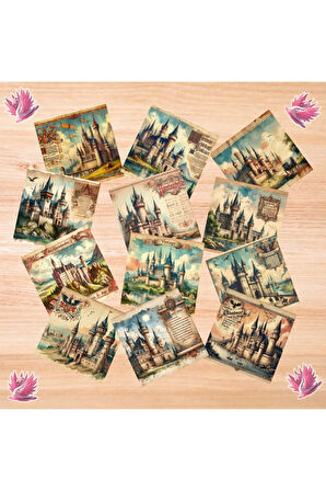 Orta Çağ Kaleleri Vintage 12 Adet Scrapbook Bullet Journal Mat Planlayıcı Sticker Etiket Seti
