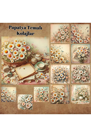 Papatya Temalı Kolaj Vintage 12 Adet Scrapbook Bullet Journal Mat Planlayıcı Sticker Etiket Seti