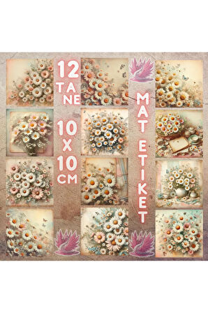 Papatya Temalı Kolaj Vintage 12 Adet Scrapbook Bullet Journal Mat Planlayıcı Sticker Etiket Seti