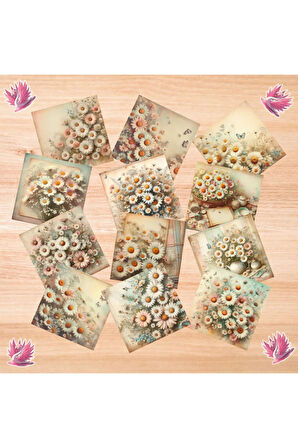 Papatya Temalı Kolaj Vintage 12 Adet Scrapbook Bullet Journal Mat Planlayıcı Sticker Etiket Seti
