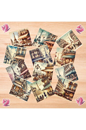 Paris Kafeleri Vintage 12 Adet Scrapbook Bullet Journal Mat Planlayıcı Sticker Etiket Seti