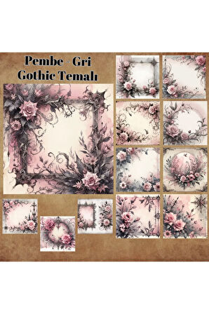 Pembe Gri Gothic Vintage 12 Adet Scrapbook Bullet Journal Mat Planlayıcı Sticker Etiket Seti