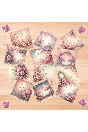 Pembe Kış Manzaraları Vintage 12 Adet Scrapbook Bullet Journal Mat Planlayıcı Sticker Etiket Seti