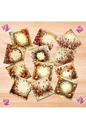 Sonbahar Çiçeklerinden Çerçeveler Vintage 12 Adet Scrapbook Bullet Journal Mat Planer Sticker Etiket