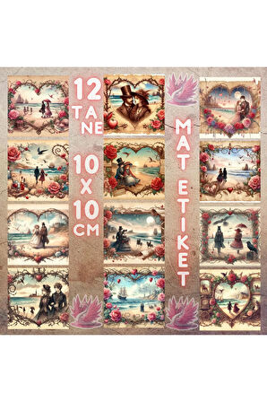 Sahilde Sevgililer Vintage 12 Adet Scrapbook Bullet Journal Mat Planlayıcı Sticker Etiket Seti