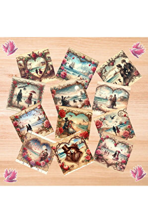Sahilde Sevgililer Vintage 12 Adet Scrapbook Bullet Journal Mat Planlayıcı Sticker Etiket Seti