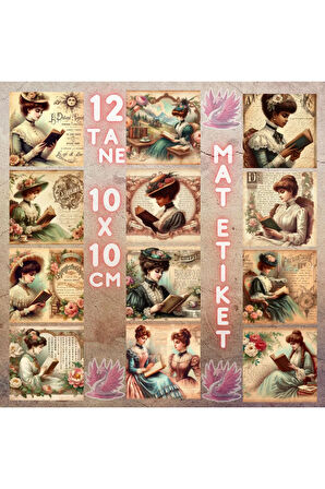 Victoria Dönemi Kitap Okuyan Kadınlar Vintage 12 Adet Scrapbook Bullet Journal Mat Plan Stickeri