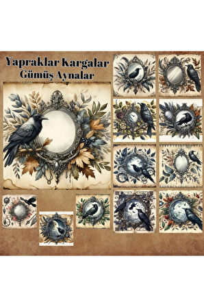 Aynalar Yapraklar ve Kargalar Vintage 12 Adet Scrapbook Bullet Journal Mat Planlayıcı Sticker