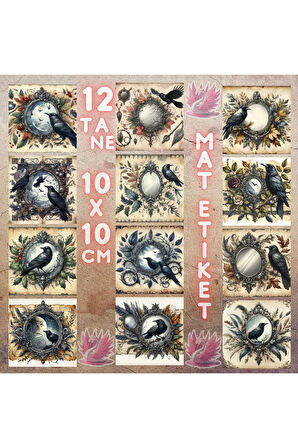 Aynalar Yapraklar ve Kargalar Vintage 12 Adet Scrapbook Bullet Journal Mat Planlayıcı Sticker