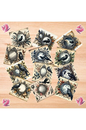 Aynalar Yapraklar ve Kargalar Vintage 12 Adet Scrapbook Bullet Journal Mat Planlayıcı Sticker
