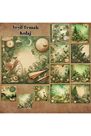 Yeşil Temalı Vintage 12 Adet Scrapbook Bullet Journal Mat Planlayıcı Sticker Etiket Seti