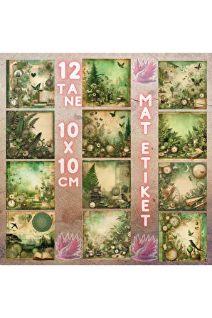 Yeşil Temalı Vintage 12 Adet Scrapbook Bullet Journal Mat Planlayıcı Sticker Etiket Seti