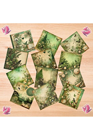 Yeşil Temalı Vintage 12 Adet Scrapbook Bullet Journal Mat Planlayıcı Sticker Etiket Seti