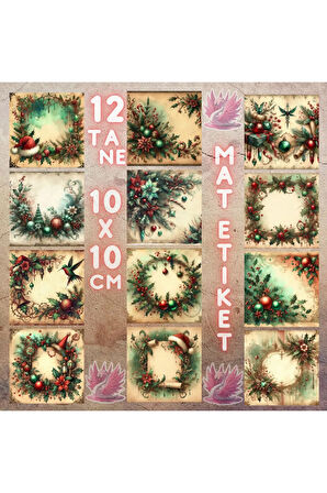 Yeşil Kırmızı Yılbaşı Süsleri Vintage 12 Adet Scrapbook Bullet Journal Mat Planlayıcı Sticker