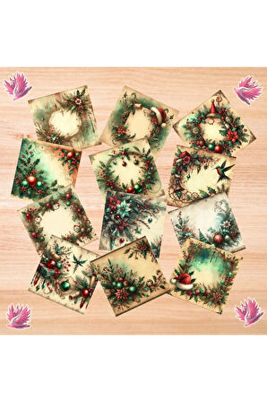 Yeşil Kırmızı Yılbaşı Süsleri Vintage 12 Adet Scrapbook Bullet Journal Mat Planlayıcı Sticker