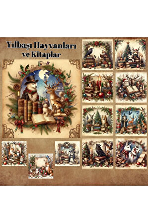 Yılbaşı Hayvanları ve Kitaplar Vintage 12 Adet Scrapbook Bullet Journal Mat Planlayıcı Sticker