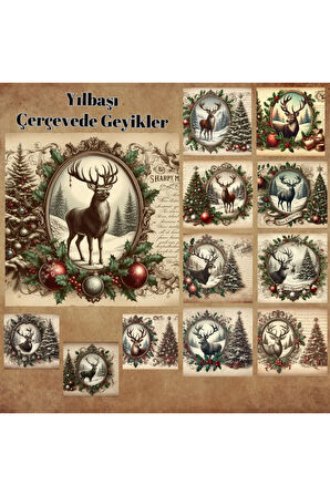 Yılbaşı Çerçevede Geyikler Vintage 12 Adet Scrapbook Bullet Journal Mat Planlayıcı Sticker Etiket