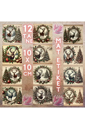 Yılbaşı Çerçevede Geyikler Vintage 12 Adet Scrapbook Bullet Journal Mat Planlayıcı Sticker Etiket