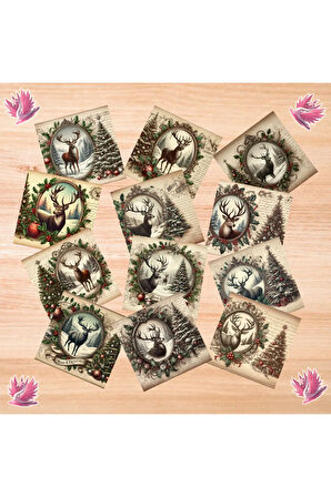Yılbaşı Çerçevede Geyikler Vintage 12 Adet Scrapbook Bullet Journal Mat Planlayıcı Sticker Etiket