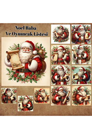 Yılbaşı Noel Baba ve Listesi Vintage 12 Adet Scrapbook Bullet Journal Mat Planlayıcı Sticker Etiket