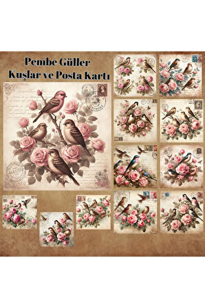 Posta Kartında Güller ve Kuşlar Vintage 12 Adet Scrapbook Bullet Journal Mat Planlayıcı Sticker