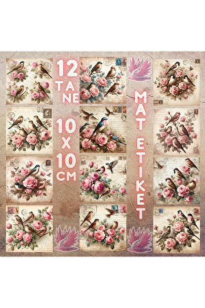 Posta Kartında Güller ve Kuşlar Vintage 12 Adet Scrapbook Bullet Journal Mat Planlayıcı Sticker