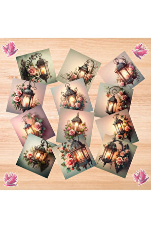 Pembe Güller ve Sokak Lambaları Vintage 12 Adet Scrapbook Bullet Journal Mat Planlayıcı Sticker