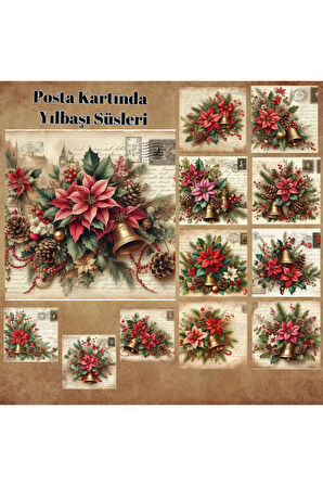 Posta Kartında Yılbaşı Süsleri Vintage 12 Adet Scrapbook Bullet Journal Mat Planlayıcı Sticker