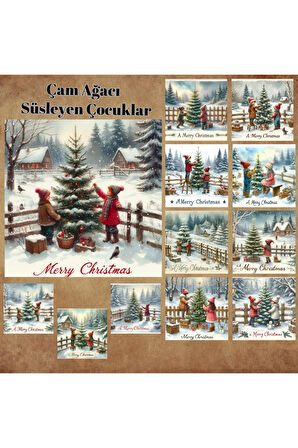 Yılbaşı Ağaç Süsleyen Çocuklar Vintage 12 Adet Scrapbook Bullet Journal Mat Planlayıcı Sticker Etike