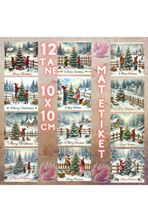 Yılbaşı Ağaç Süsleyen Çocuklar Vintage 12 Adet Scrapbook Bullet Journal Mat Planlayıcı Sticker Etike